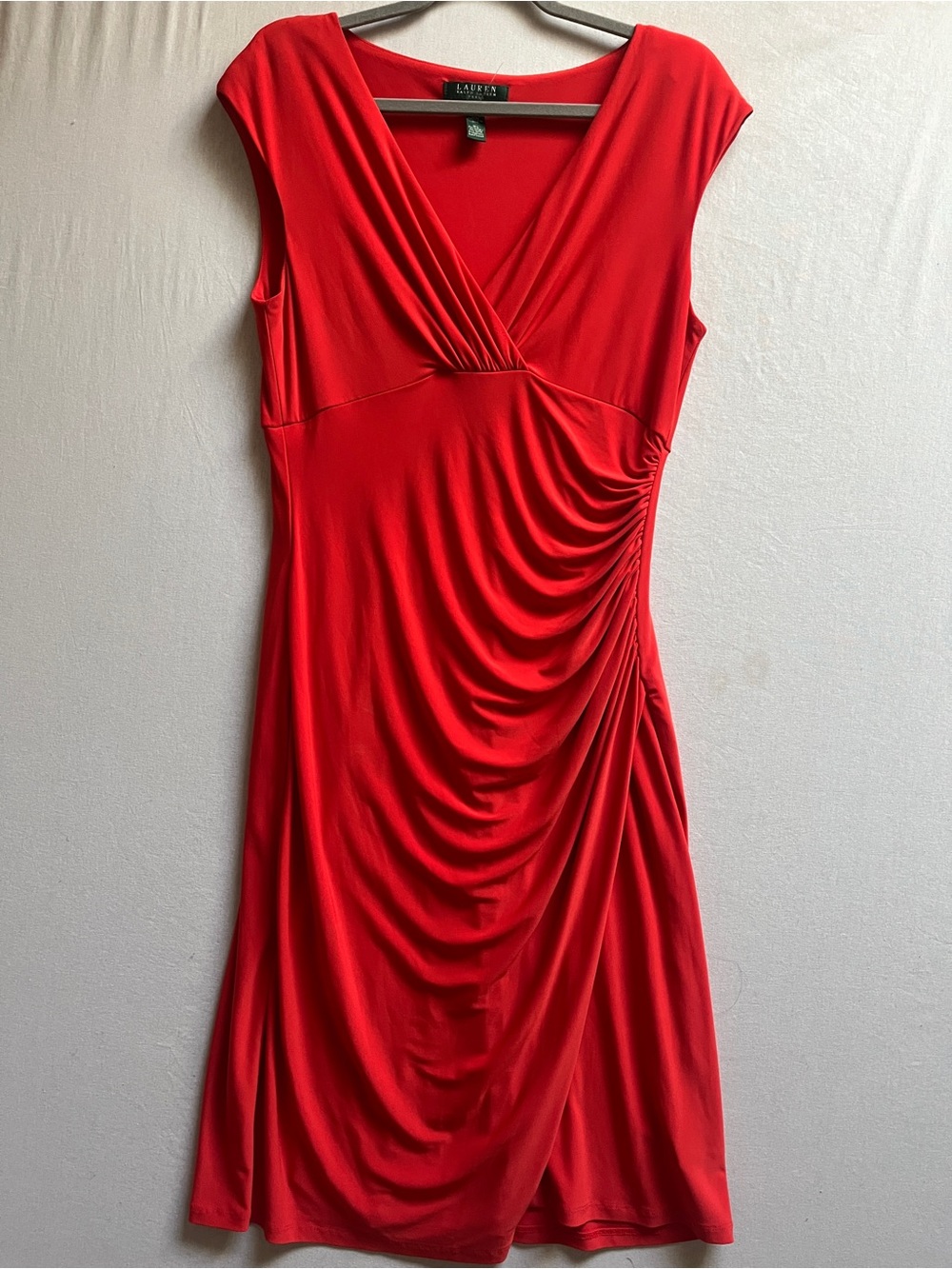 Lauren Ralph Lauren Bright Red Ruched V-Neck Midi Dress Size 10